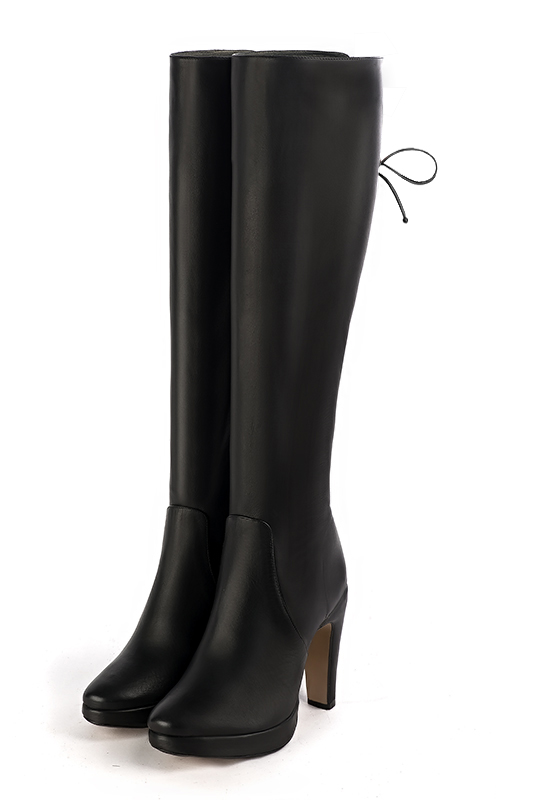 Satin black women's knee-high boots, with laces at the back. Round toe. Very high slim heel with a platform at the front. Made to measure - Florence KOOIJMAN